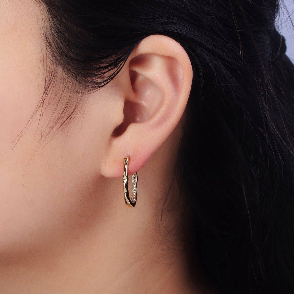Oblong Hammered Paved Hoop Earrings