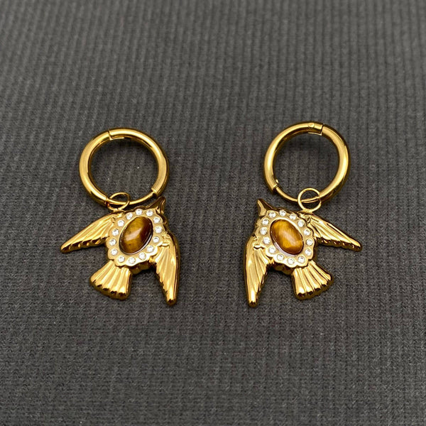 Stone Inlaid Bird Huggie Earrings