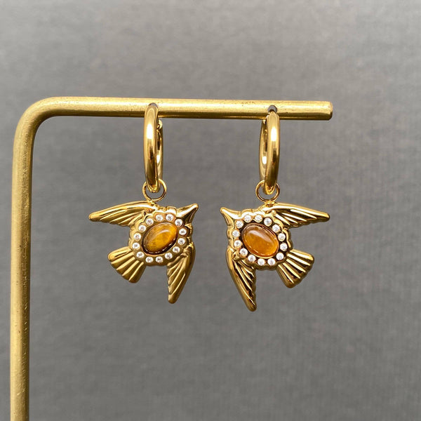 Stone Inlaid Bird Huggie Earrings