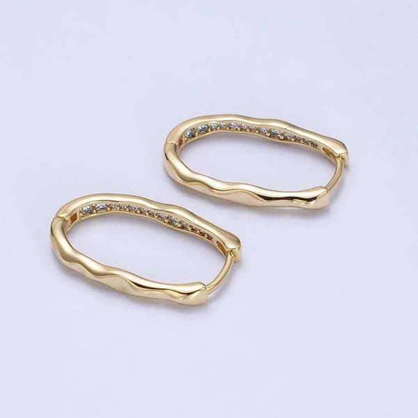 Oblong Hammered Paved Hoop Earrings