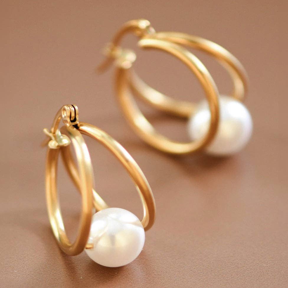 Double Hoop Pearl Earring