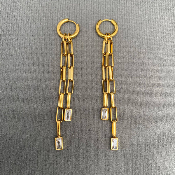 Zircon Inlaid Chain Fringe Huggie Earrings